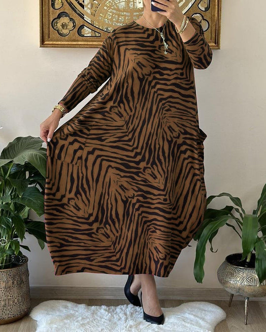 Rochie maxi elegantă din bumbac cu imprimeu și buzunare