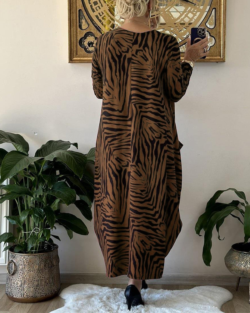 Rochie maxi elegantă din bumbac cu imprimeu și buzunare