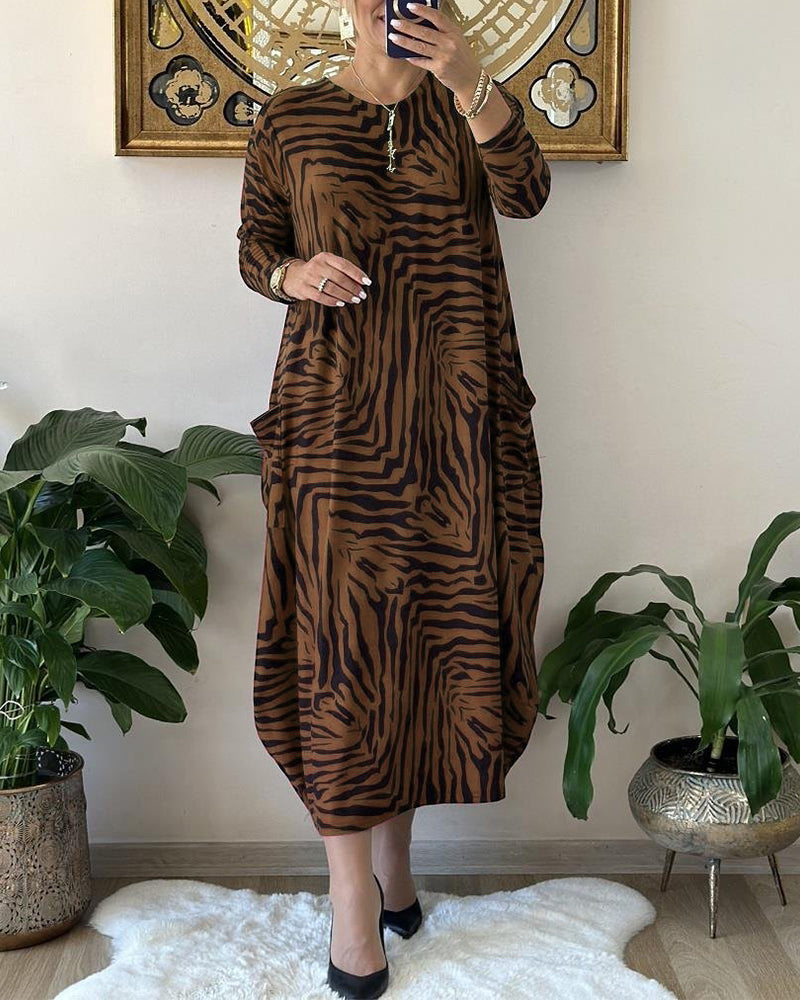 Rochie maxi elegantă din bumbac cu imprimeu și buzunare