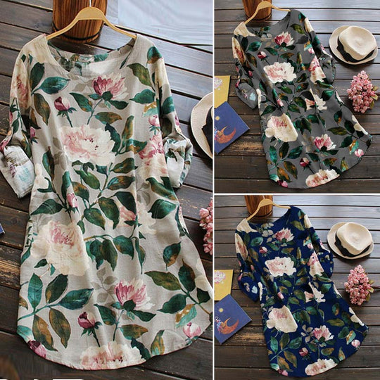 Rochie Retro Cu Flori Și Mâneci Lungi