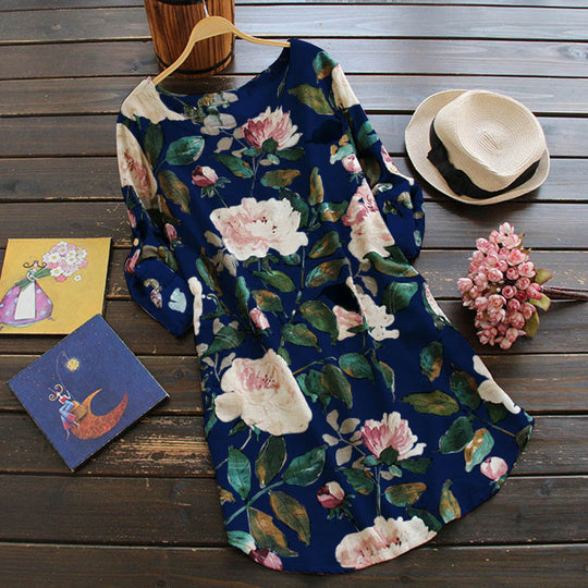 Rochie Retro Cu Flori Și Mâneci Lungi