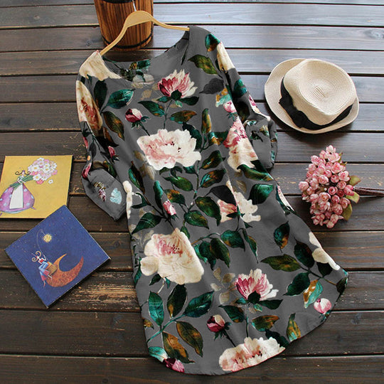 Rochie Retro Cu Flori Și Mâneci Lungi
