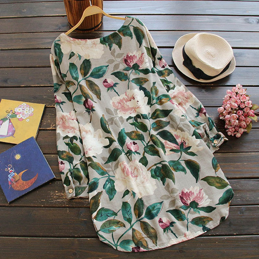 Rochie Retro Cu Flori Și Mâneci Lungi