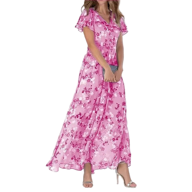 Rochie maxi pentru femei, cu imprimeu floral, decolteu în V, mâneci scurte și elegante 0
