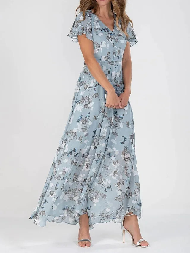 Rochie maxi pentru femei, cu imprimeu floral, decolteu în V, mâneci scurte și elegante 1