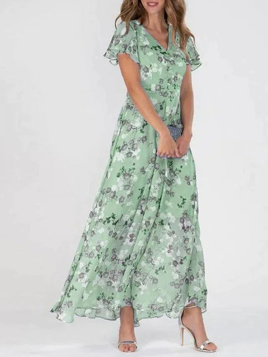 Rochie maxi pentru femei, cu imprimeu floral, decolteu în V, mâneci scurte și elegante 2
