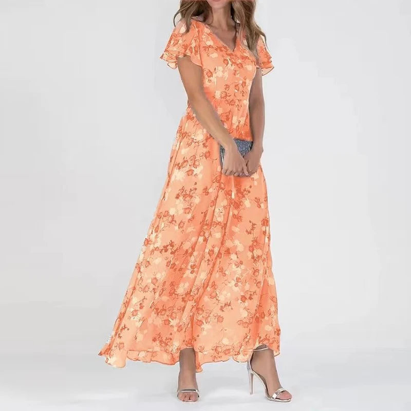 Rochie maxi pentru femei, cu imprimeu floral, decolteu în V, mâneci scurte și elegante 3
