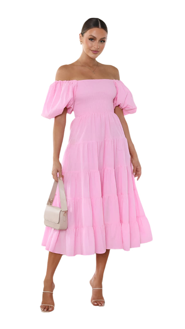 Dam Klänning Off-Shoulder Midi Sommarklänning Mjuk Tyg-1