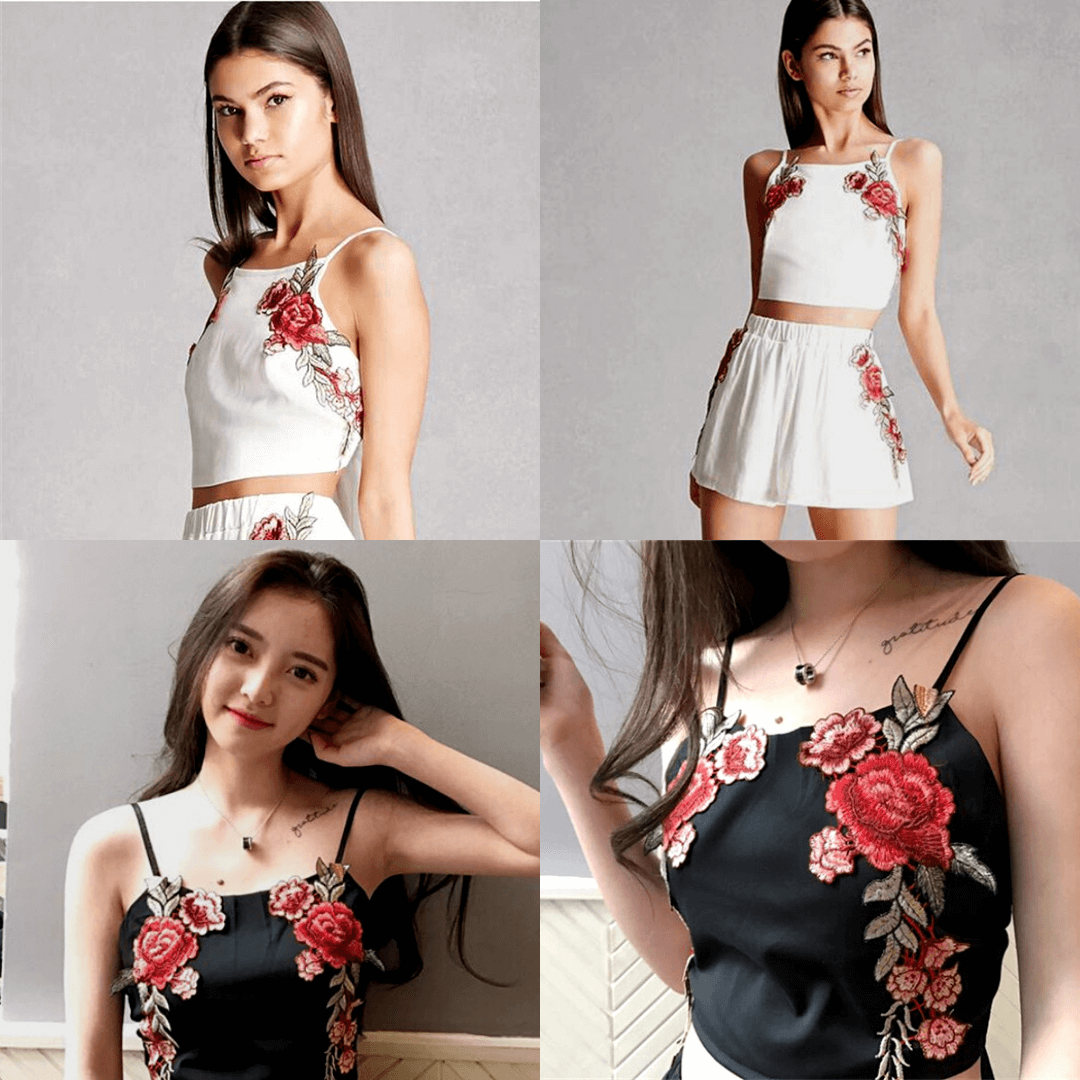 Set Cu Crop Top Brodat Și Șorturi Cu Flori