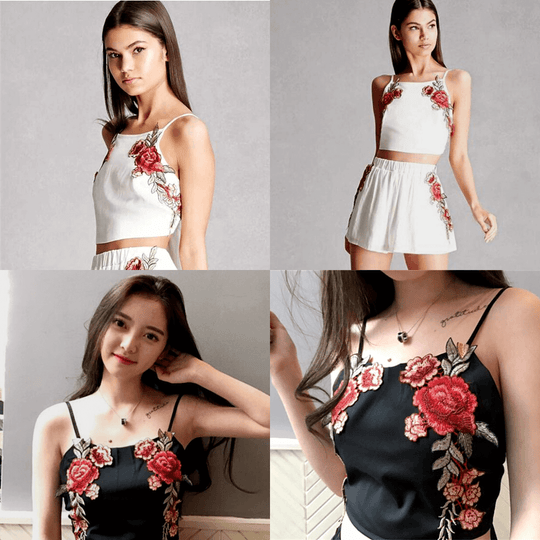 Set Cu Crop Top Brodat Și Șorturi Cu Flori