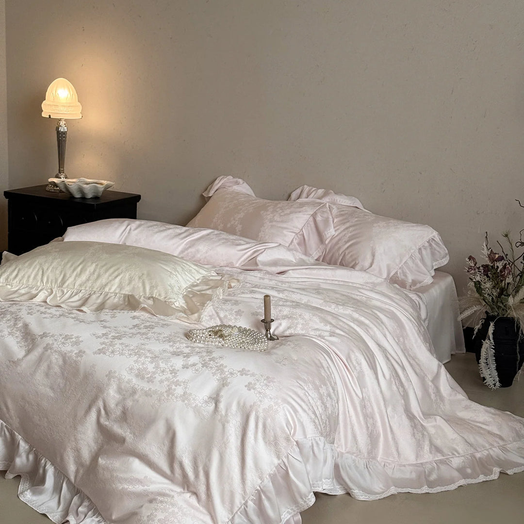 Set Lenjerie de Pat cu Tiv cu Volane pentru Femei, Design Jacquard Elegant 3