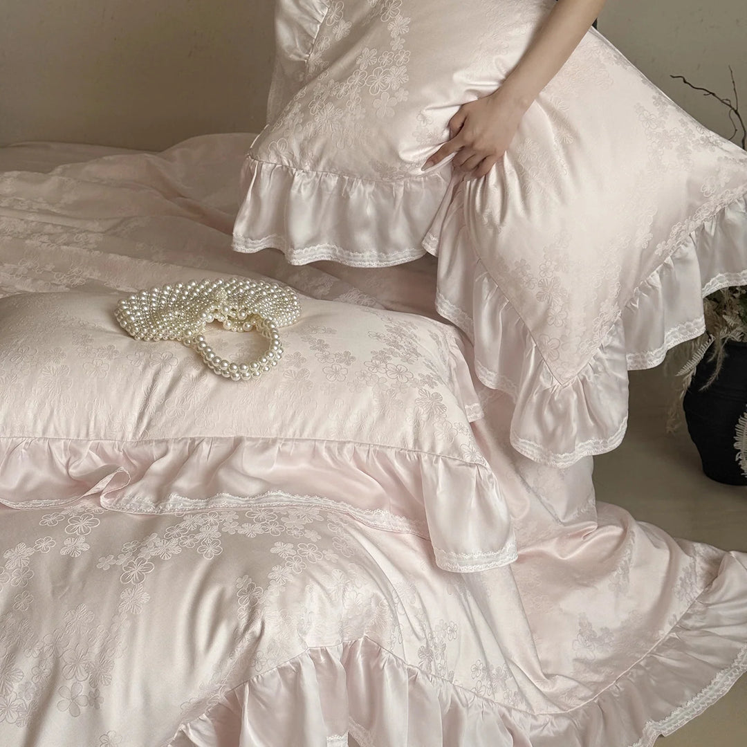 Set Lenjerie de Pat cu Tiv cu Volane pentru Femei, Design Jacquard Elegant 4
