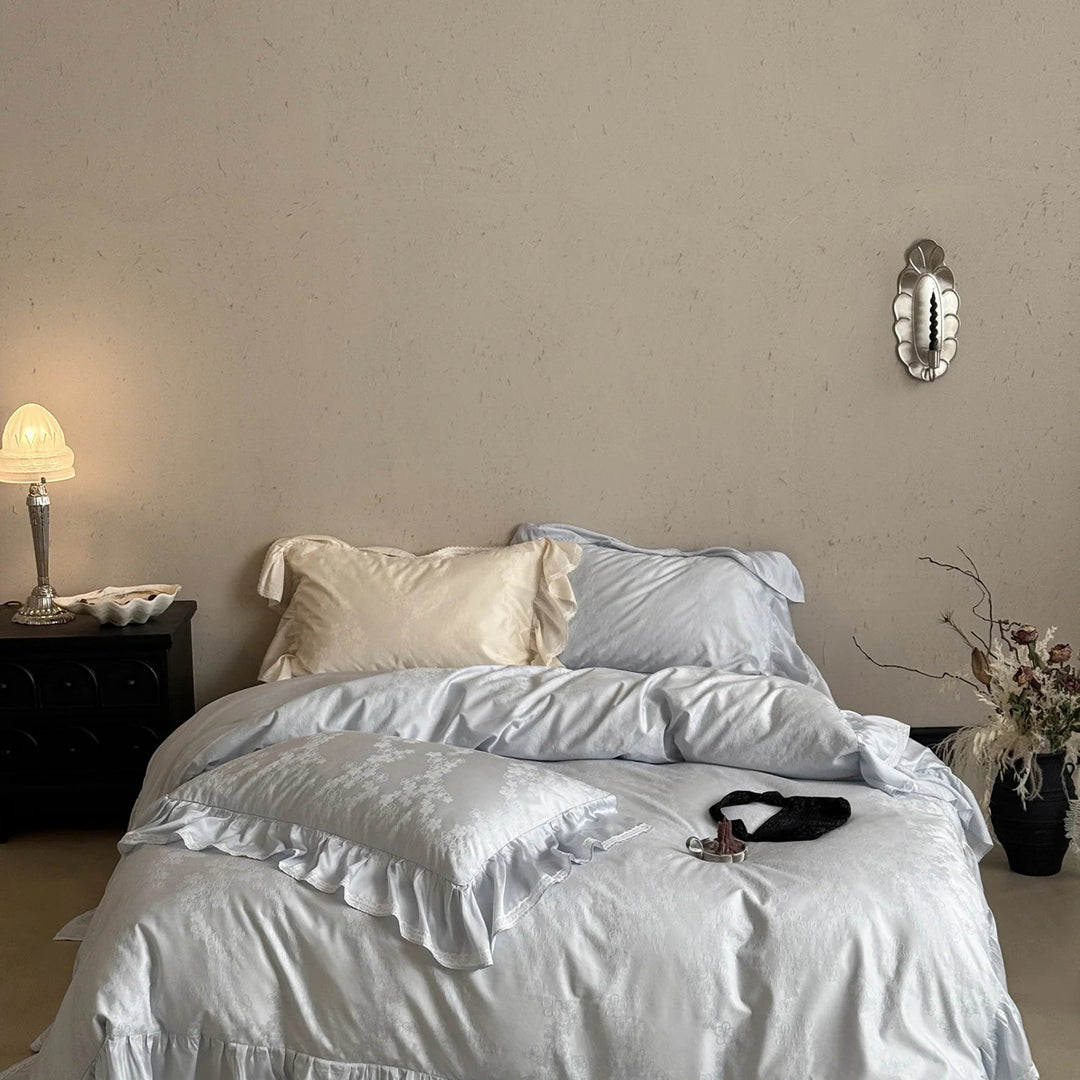 Set Lenjerie de Pat cu Tiv cu Volane pentru Femei, Design Jacquard Elegant 6