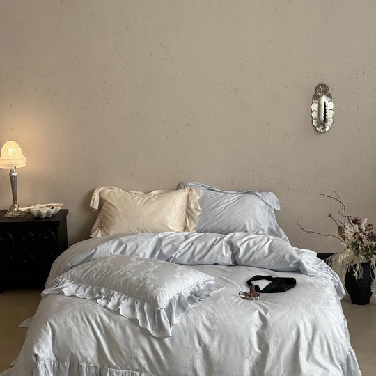 Set Lenjerie de Pat cu Tiv cu Volane pentru Femei, Design Jacquard Elegant 6