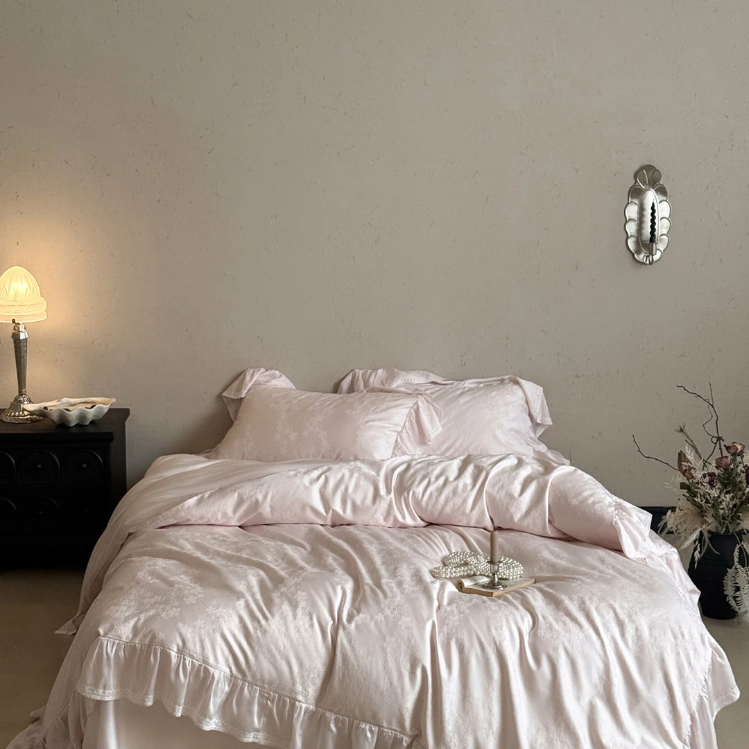 Set Lenjerie de Pat cu Tiv cu Volane pentru Femei, Design Jacquard Elegant 7