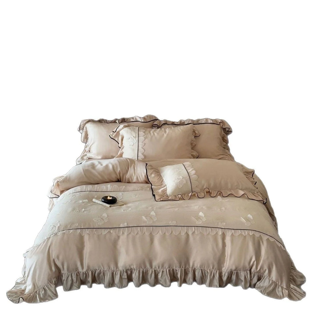 Set Lenjerie de Pat cu Volane și Broderie Fluturi pentru Dormitor Elegant 5