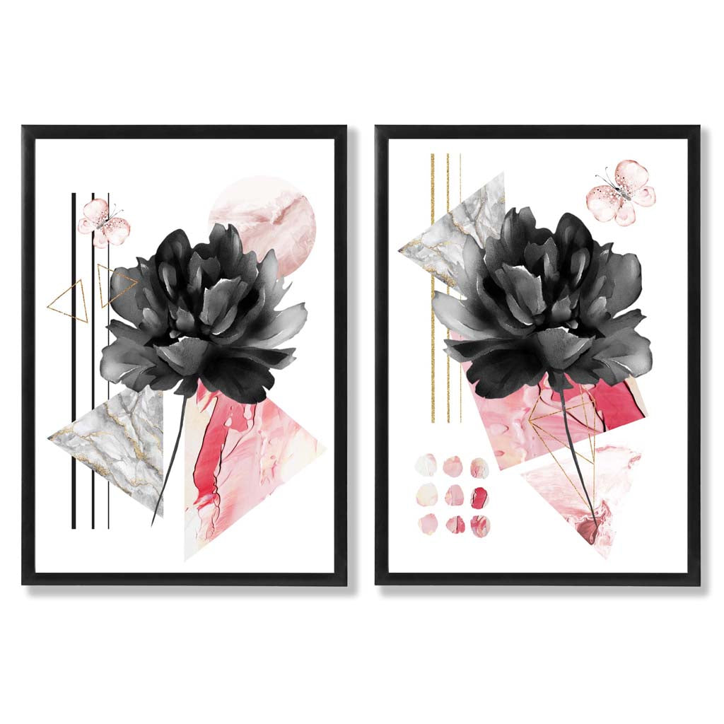 Set de 2 Imprimeuri Artistice cu Flori Negre și Roz 0