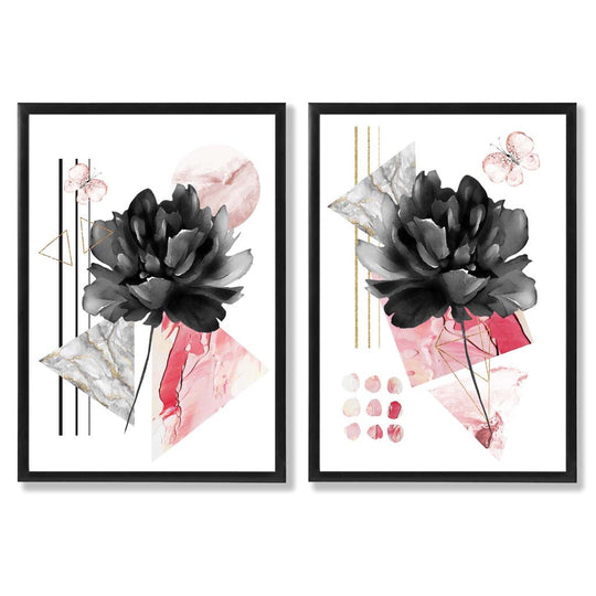 Set de 2 Imprimeuri Artistice cu Flori Negre și Roz 0