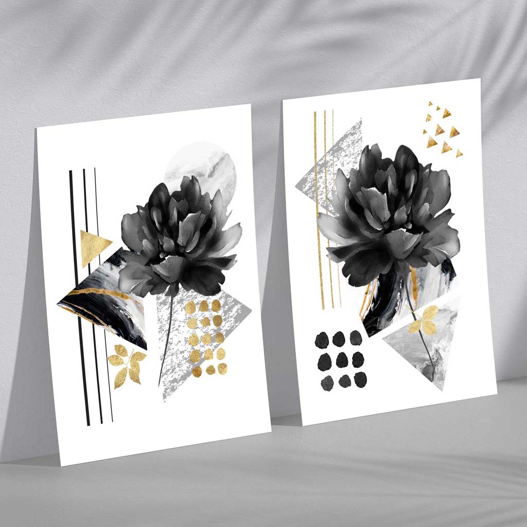Set de 2 Imprimeuri Artistice cu Flori în Negru și Auriu 0