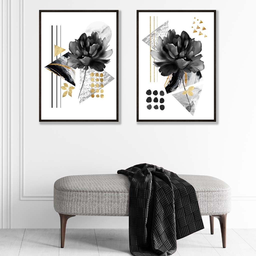 Set de 2 Imprimeuri Artistice cu Flori în Negru și Auriu 1