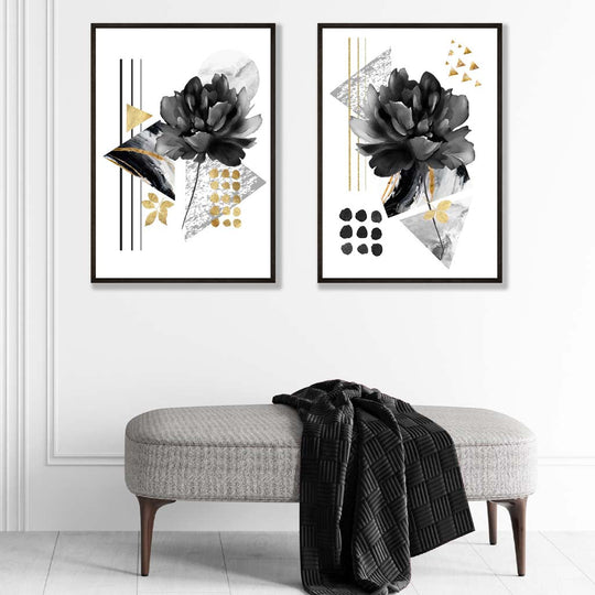 Set de 2 Imprimeuri Artistice cu Flori în Negru și Auriu 1