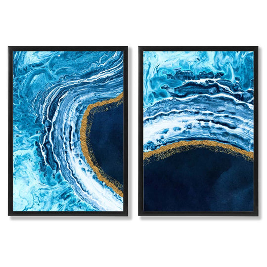Set de Artă Abstractă pentru Interior cu Ocean Albastru și Auriu 0