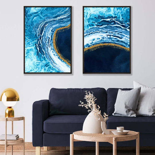 Set de Artă Abstractă pentru Interior cu Ocean Albastru și Auriu 1