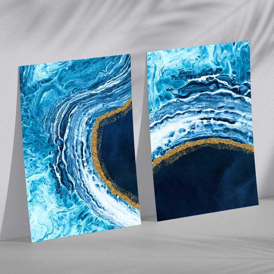 Set de Artă Abstractă pentru Interior cu Ocean Albastru și Auriu 2