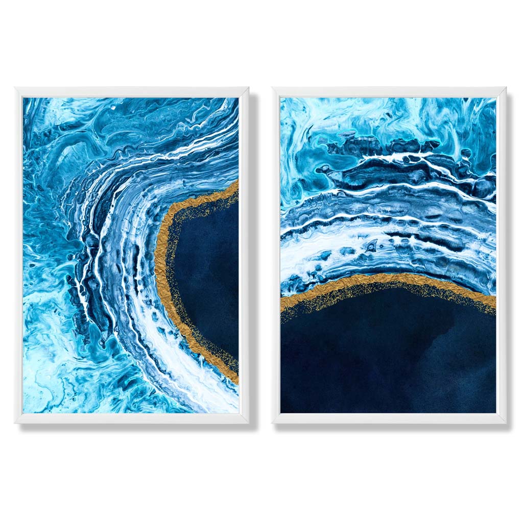 Set de Artă Abstractă pentru Interior cu Ocean Albastru și Auriu 3