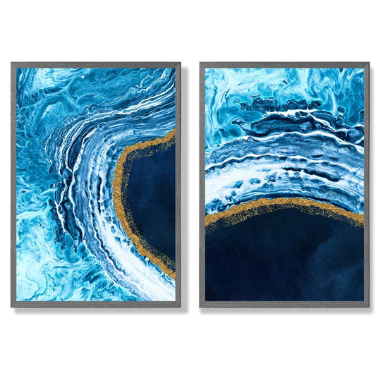 Set de Artă Abstractă pentru Interior cu Ocean Albastru și Auriu 4