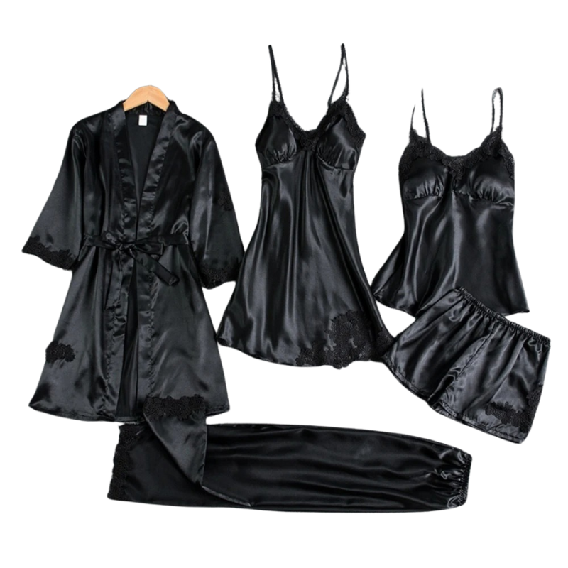 Set de pijamale 5 în 1 în stil satinat | Cămașă de noapte și pijamale în stil satinat | Pijamale de lux pentru femei 0