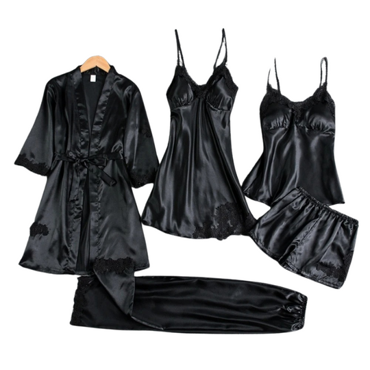 Set de pijamale 5 în 1 în stil satinat | Cămașă de noapte și pijamale în stil satinat | Pijamale de lux pentru femei 0