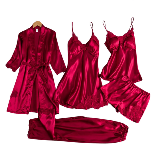 Set de pijamale 5 în 1 în stil satinat | Cămașă de noapte și pijamale în stil satinat | Pijamale de lux pentru femei 1