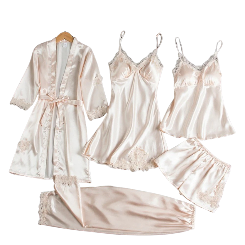 Set de pijamale 5 în 1 în stil satinat | Cămașă de noapte și pijamale în stil satinat | Pijamale de lux pentru femei 3