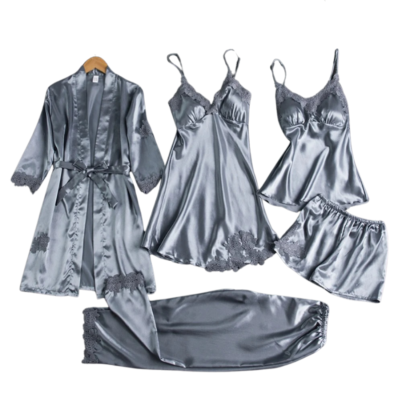 Set de pijamale 5 în 1 în stil satinat | Cămașă de noapte și pijamale în stil satinat | Pijamale de lux pentru femei 4
