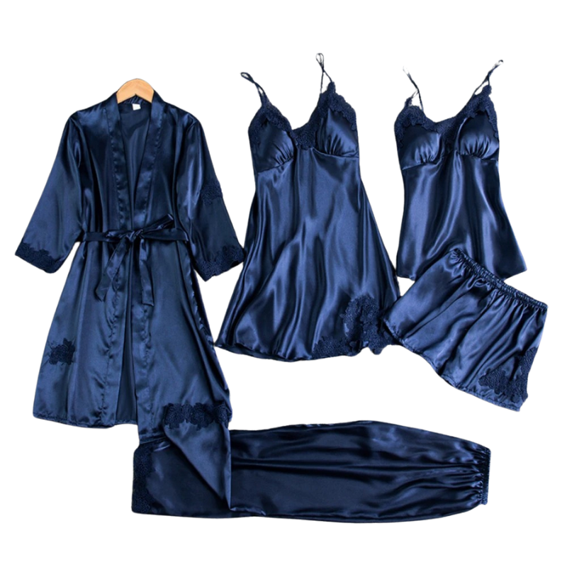 Set de pijamale 5 în 1 în stil satinat | Cămașă de noapte și pijamale în stil satinat | Pijamale de lux pentru femei 5