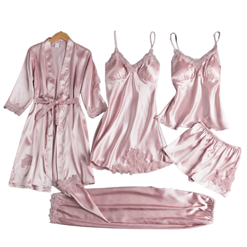 Set de pijamale 5 în 1 în stil satinat | Cămașă de noapte și pijamale în stil satinat | Pijamale de lux pentru femei 6