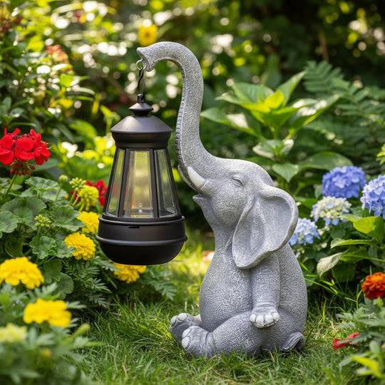 Statuie de Grădină cu Elefant și Lanternă Solară Decorativă 0