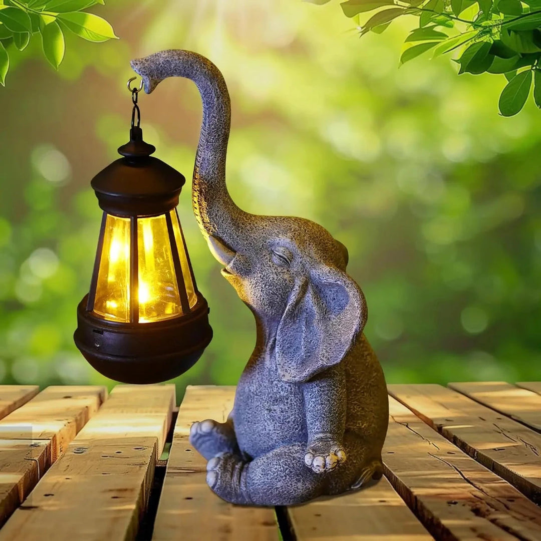 Statuie de Grădină cu Elefant și Lanternă Solară Decorativă 1