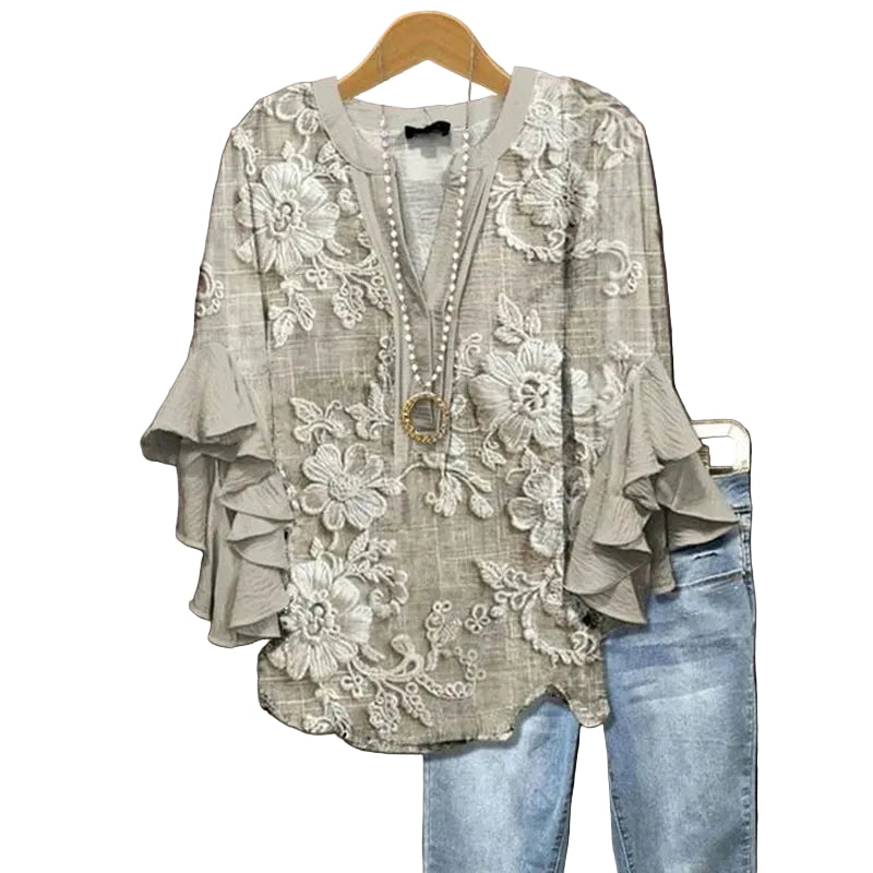 Tricou de damă cu model floral și tiv cu volane 0