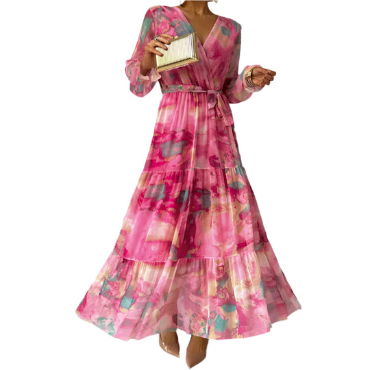 Vrouwen Maxi Jurk Bloemenprint Elegante V-hals 0
