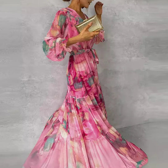 Vrouwen Maxi Jurk Bloemenprint Elegante V-hals 2