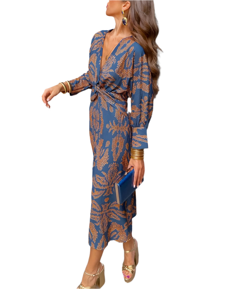 Vrouwen Vintage Charm Jurk Met Diepe V-hals en Barokprint 0