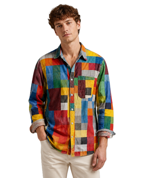 Cămașă Cu Mâneci Lungi Și Nasturi, Model Patchwork, Pentru Bărbați