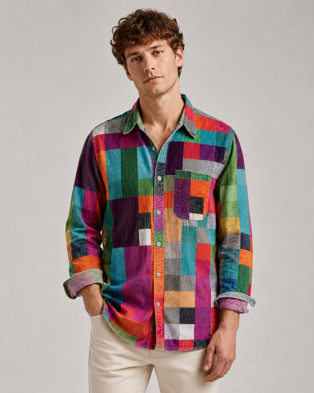 Cămașă Cu Mâneci Lungi Și Nasturi, Model Patchwork, Pentru Bărbați