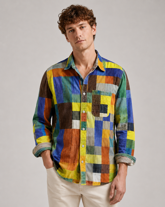 Cămașă Cu Mâneci Lungi Și Nasturi, Model Patchwork, Pentru Bărbați