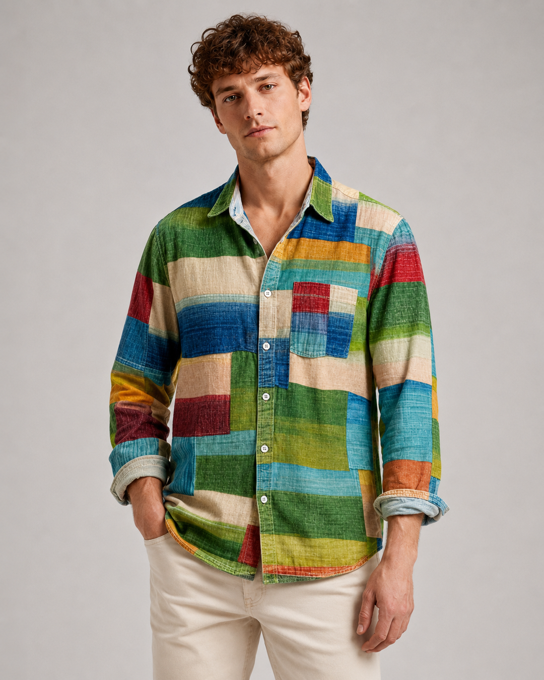 Cămașă Cu Mâneci Lungi Și Nasturi, Model Patchwork, Pentru Bărbați