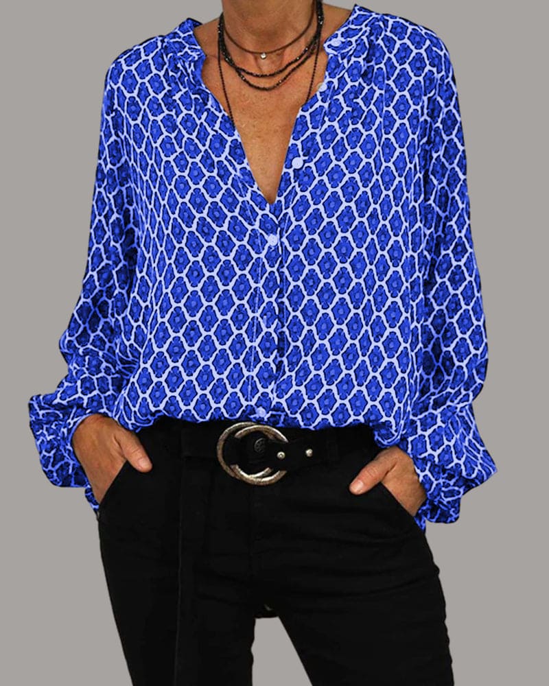 Variant image for Dame Bluse V-Hals Geometrisk Mønster Katoonsmix-17