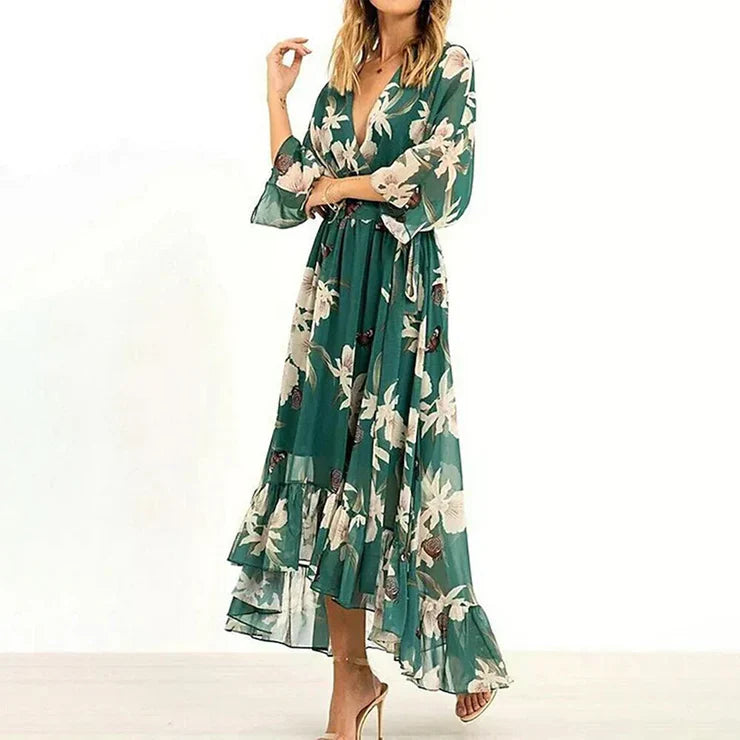 Kvinders Maxi Kjole V-Hals 3/4 Ærmer Polyester Elegant-1